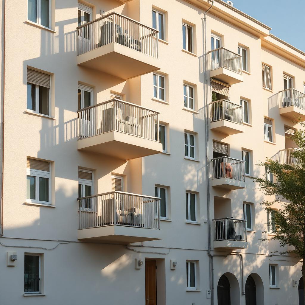 Modern residential building facade in warm sunlight